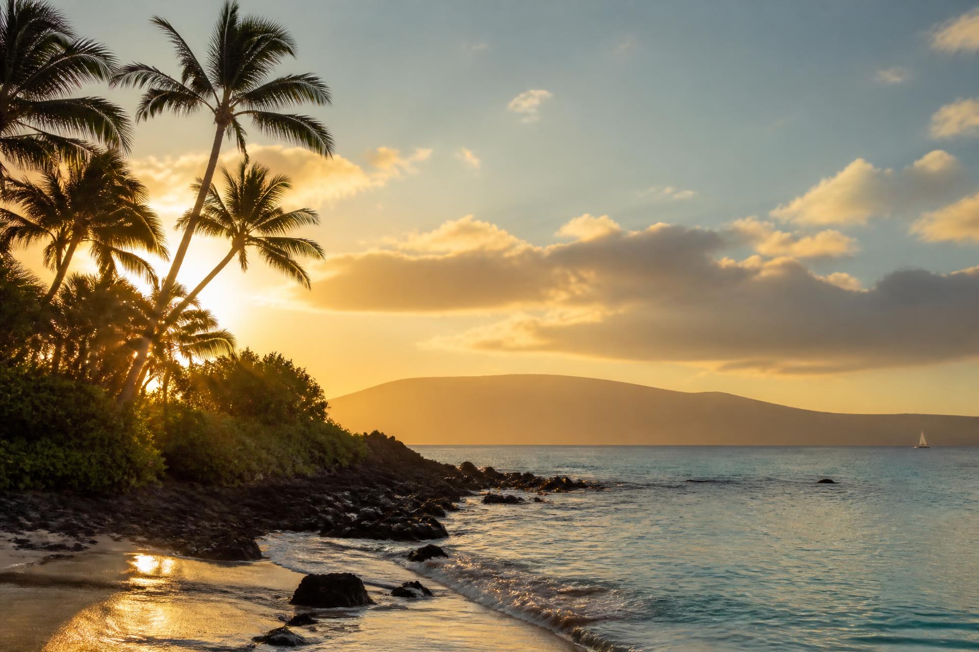 Palm trees over a quiet tropical shoreline at golden hour